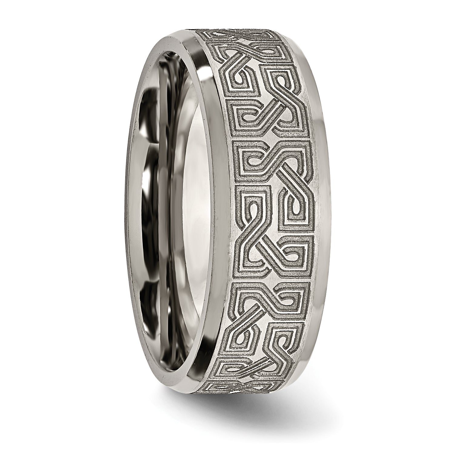 Titanium Brushed and Polished Greek Key Laser Design 8mm Beveled Band