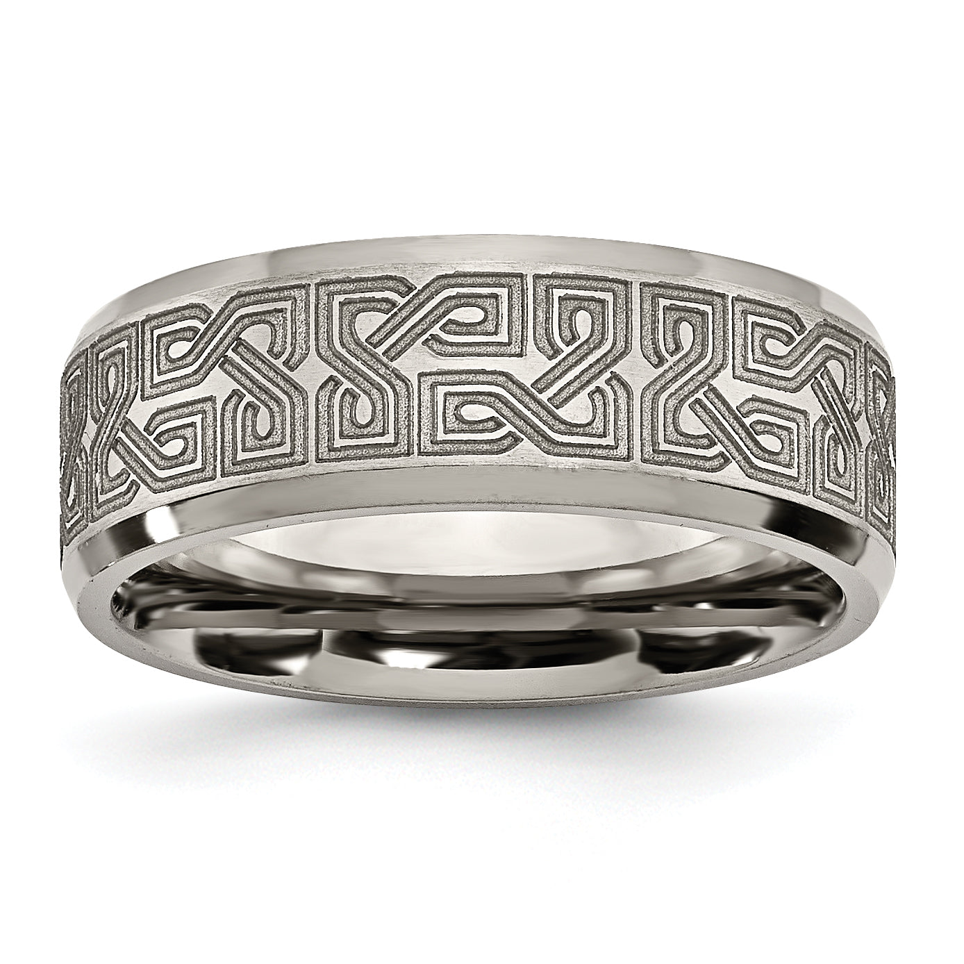 Titanium Brushed and Polished Greek Key Laser Design 8mm Beveled Band