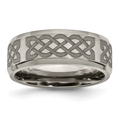 Titanium Brushed and Polished Celtic Laser Design 8mm Beveled Edge Band