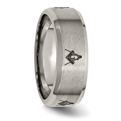 Titanium Masonic Wedding Band with Polished Laser Design Unisex 8mm Elegant Beveled Edge