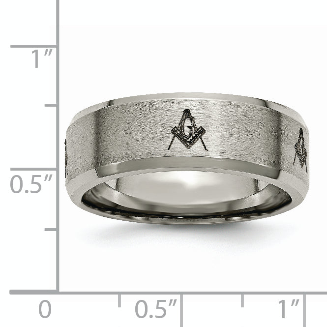 Titanium Masonic Wedding Band with Polished Laser Design Unisex 8mm Elegant Beveled Edge