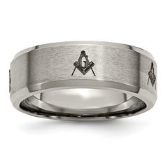 Titanium Brushed and Polished Masonic Laser Design 8mm Beveled Edge Band