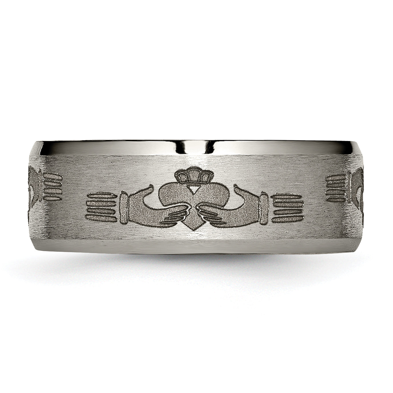 Titanium Brushed and Polished Claddagh Laser Design 8mm Beveled Edge Band