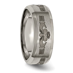 Titanium Brushed and Polished Claddagh Laser Design 8mm Beveled Edge Band