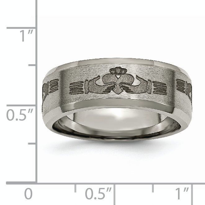 Titanium Brushed and Polished Claddagh Laser Design 8mm Beveled Edge Band