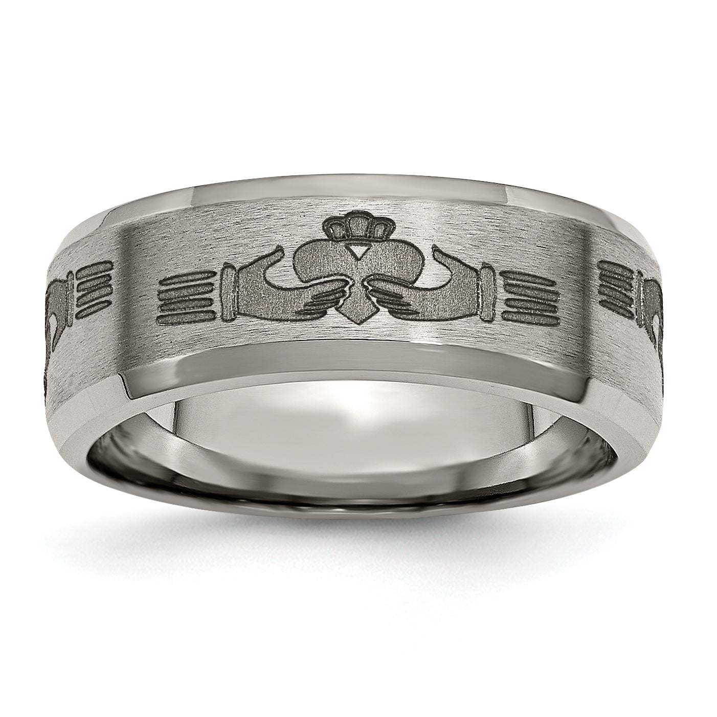 Titanium Brushed and Polished Claddagh Laser Design 8mm Beveled Edge Band