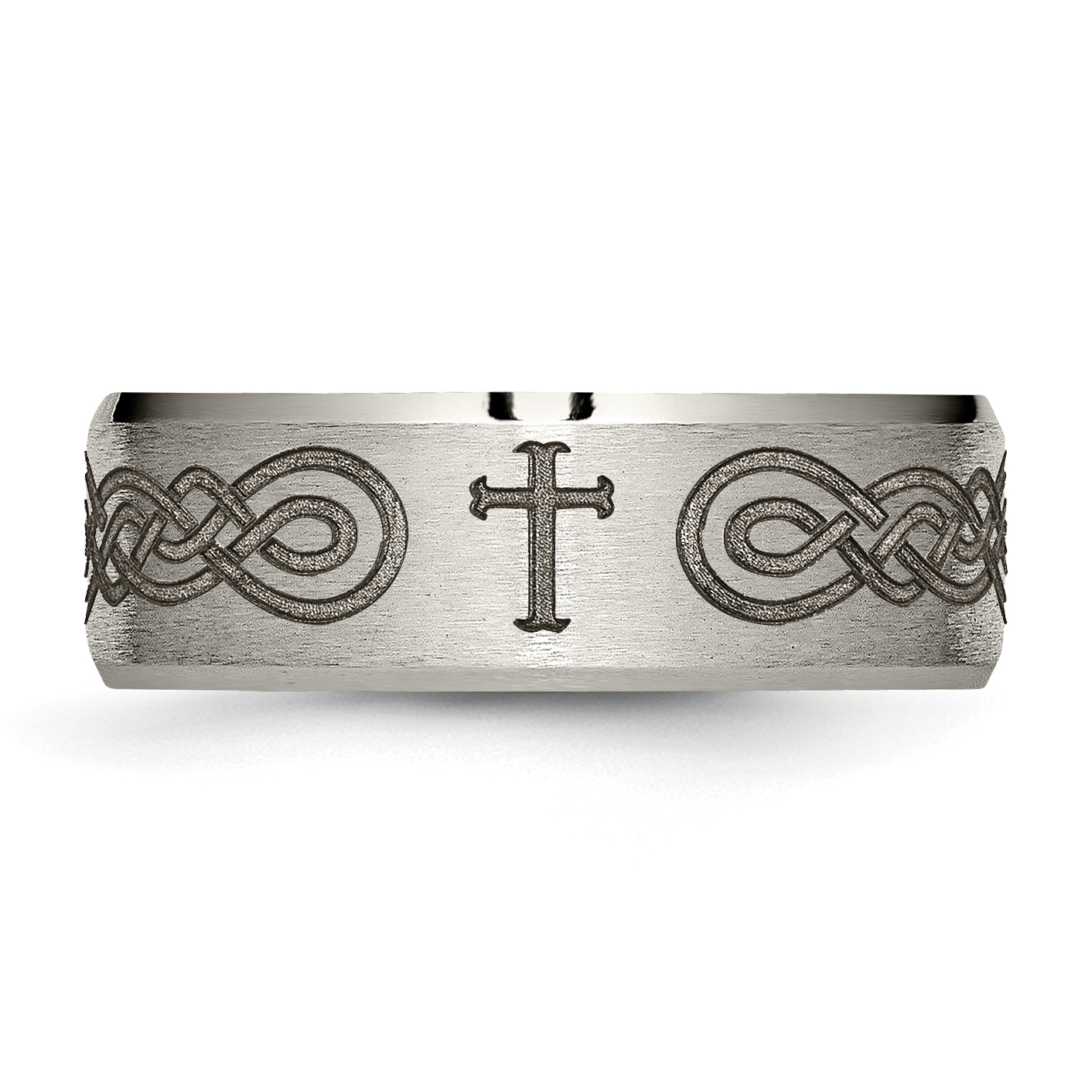 Titanium Brushed and Polished Cross Laser Design 8mm Beveled Edge Band