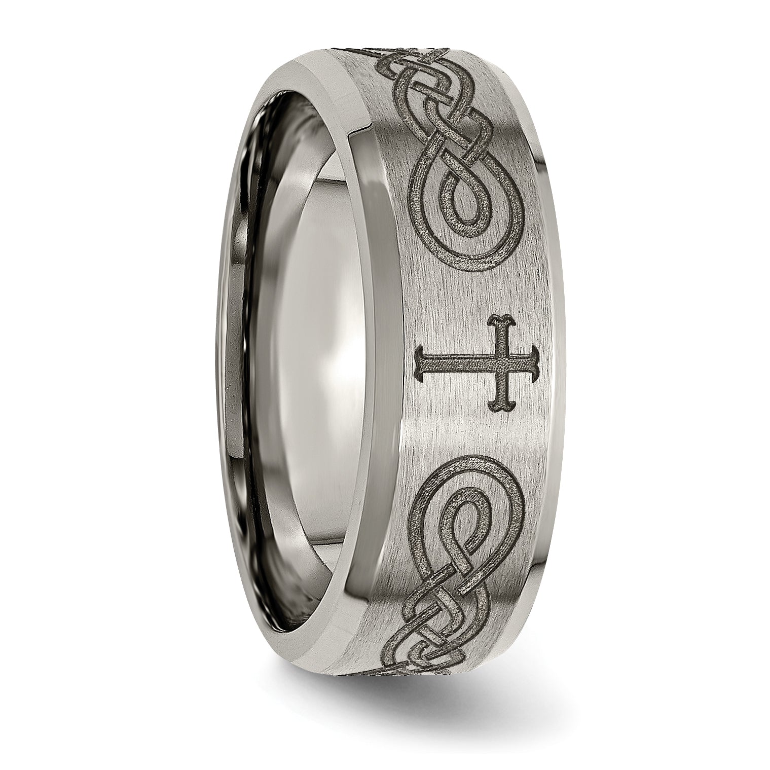 Titanium Brushed and Polished Cross Laser Design 8mm Beveled Edge Band