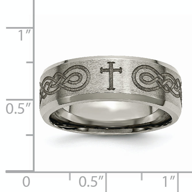 Titanium Brushed and Polished Cross Laser Design 8mm Beveled Edge Band