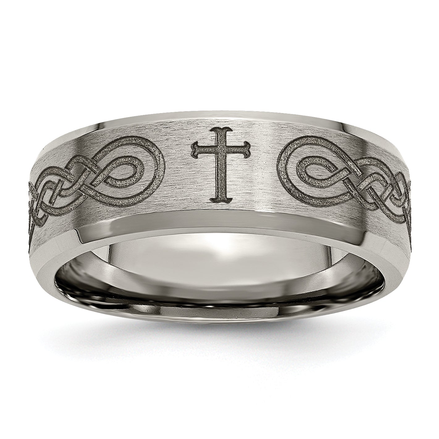 Titanium Brushed and Polished Cross Laser Design 8mm Beveled Edge Band