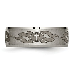 Titanium Brushed and Polished Cross Laser Design 8mm Beveled Edge Band