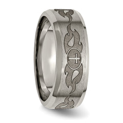 Titanium Brushed and Polished Cross Laser Design 8mm Beveled Edge Band