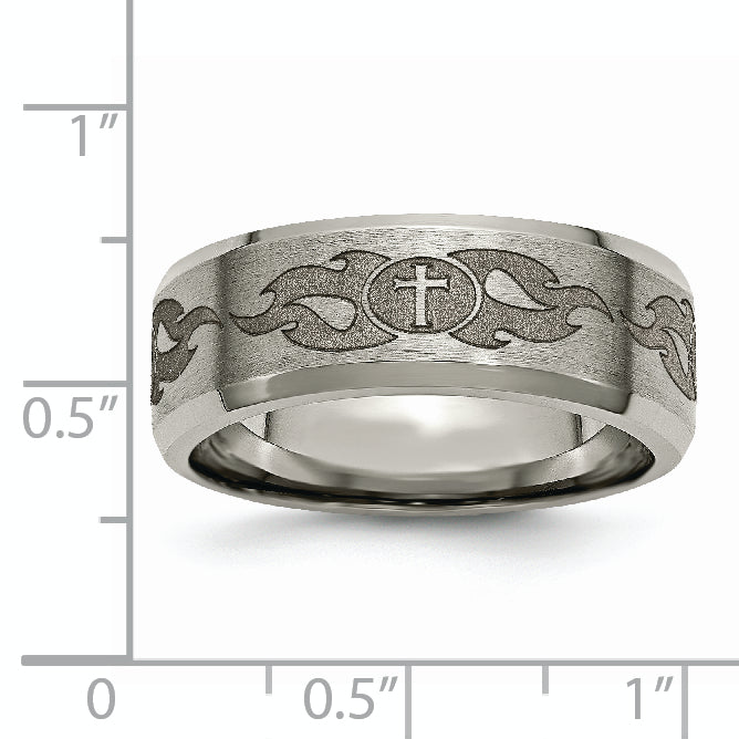 Titanium Brushed and Polished Cross Laser Design 8mm Beveled Edge Band