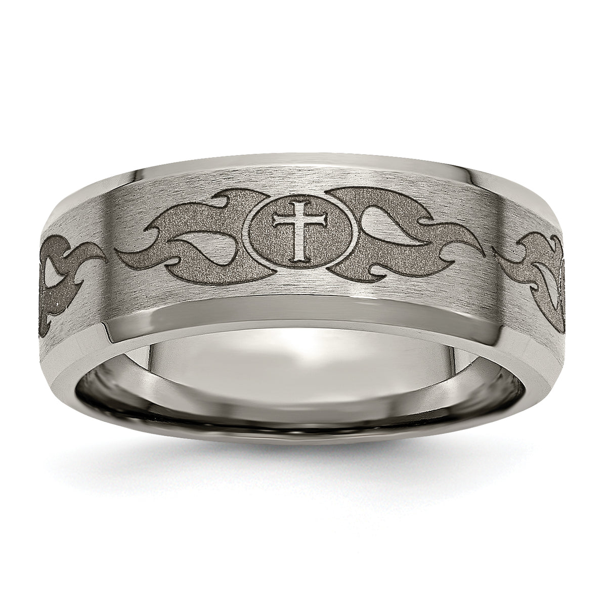 Titanium Brushed and Polished Cross Laser Design 8mm Beveled Edge Band