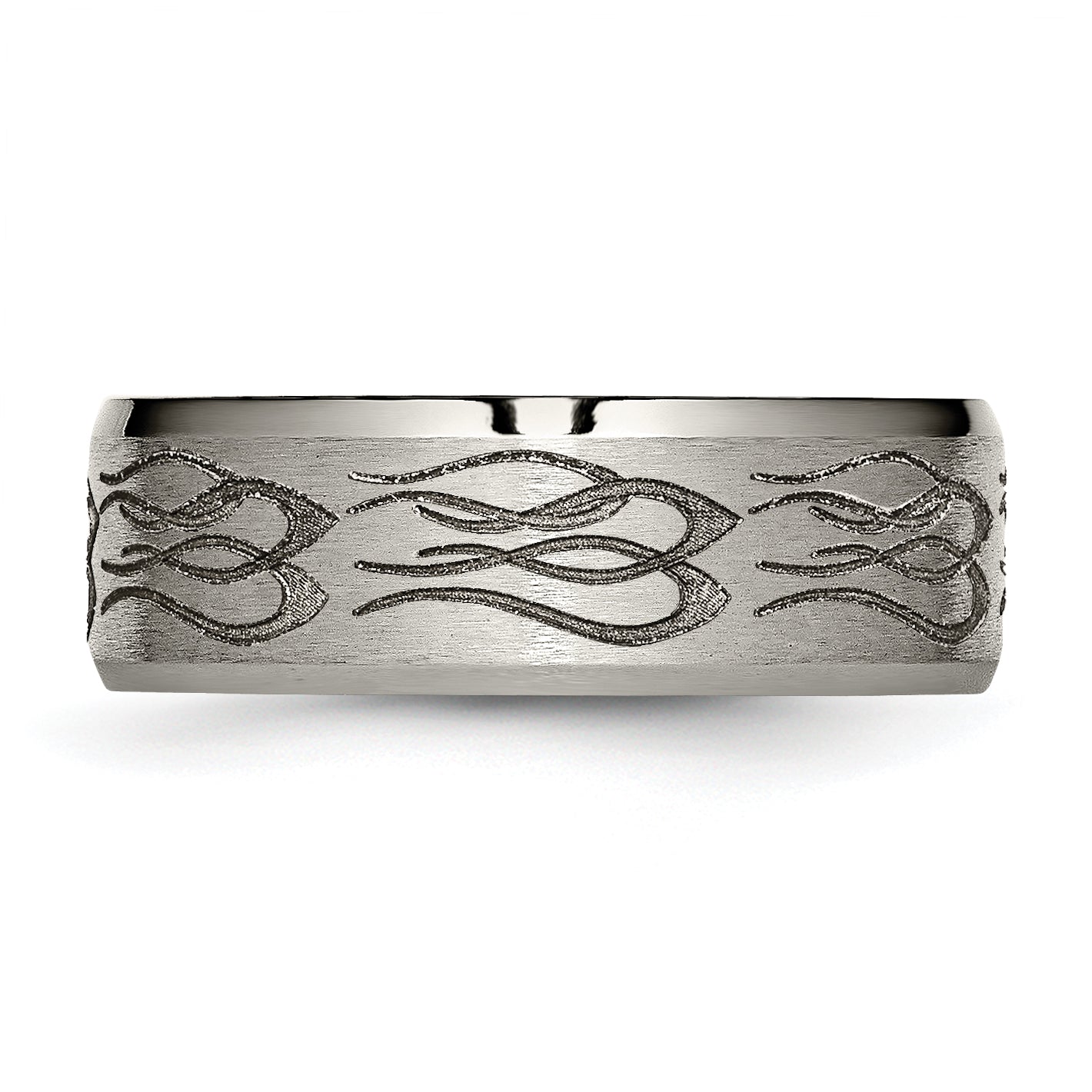 Titanium Brushed and Polished Flames Laser Design 8mm Beveled Edge Band