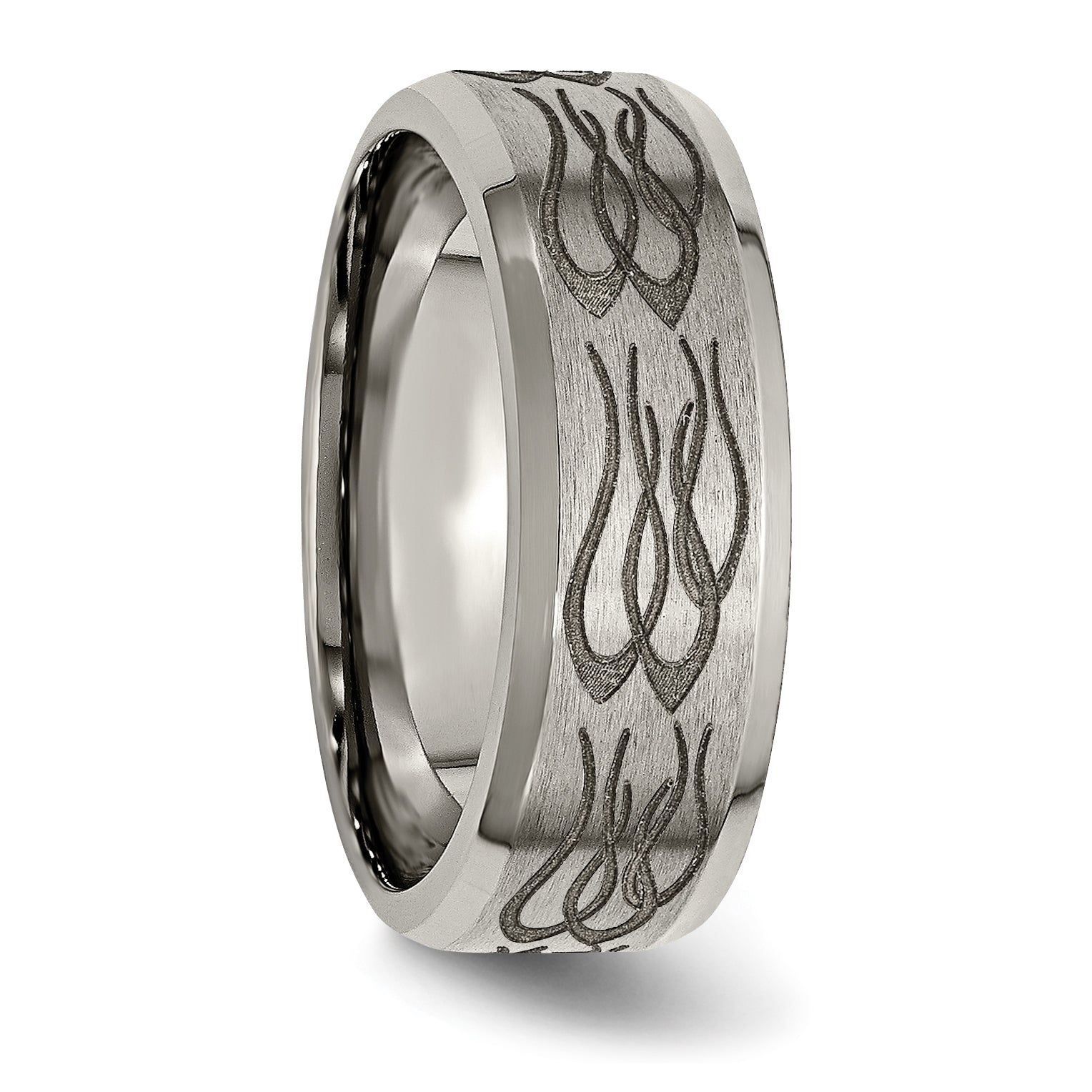 Titanium Wedding Band with Laser Flames Engravable Unisex 8mm Beveled Edge