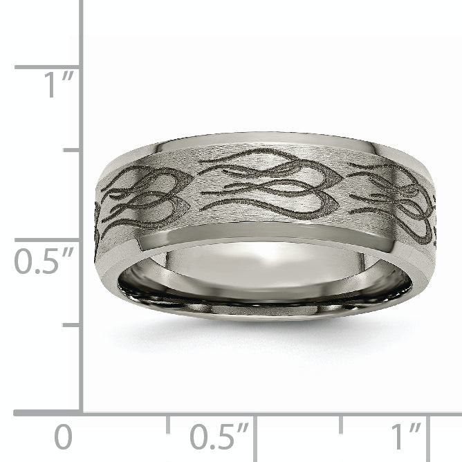 Titanium Brushed and Polished Flames Laser Design 8mm Beveled Edge Band