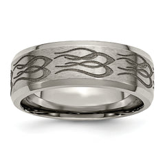 Titanium Brushed and Polished Flames Laser Design 8mm Beveled Edge Band