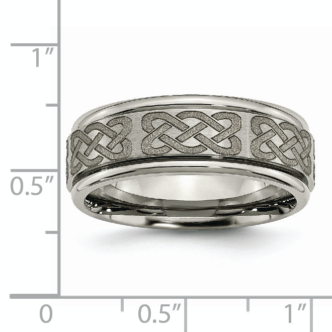 Titanium Brushed and Polished Celtic Laser Design 8mm Ridged Edge Band