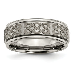 Titanium Brushed and Polished Celtic Laser Design 8mm Ridged Edge Band