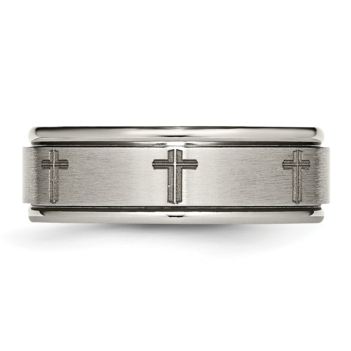 Titanium Brushed and Polished Cross Laser Design 8mm Ridged Edge Band