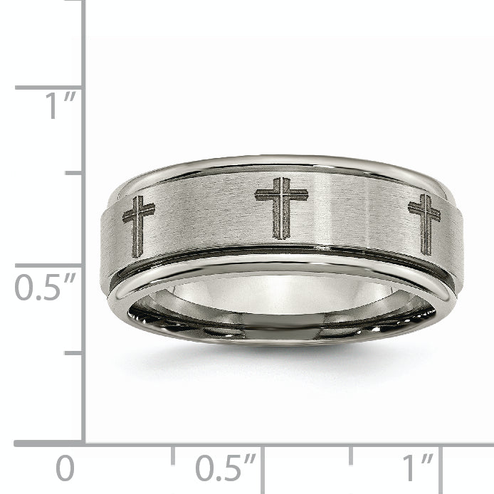 Titanium Brushed and Polished Cross Laser Design 8mm Ridged Edge Band