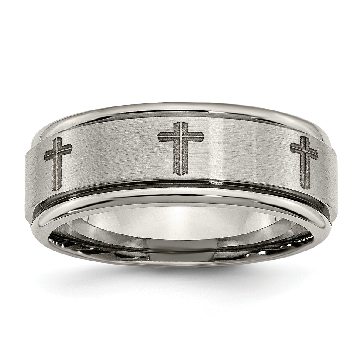 Titanium Brushed and Polished Cross Laser Design 8mm Ridged Edge Band