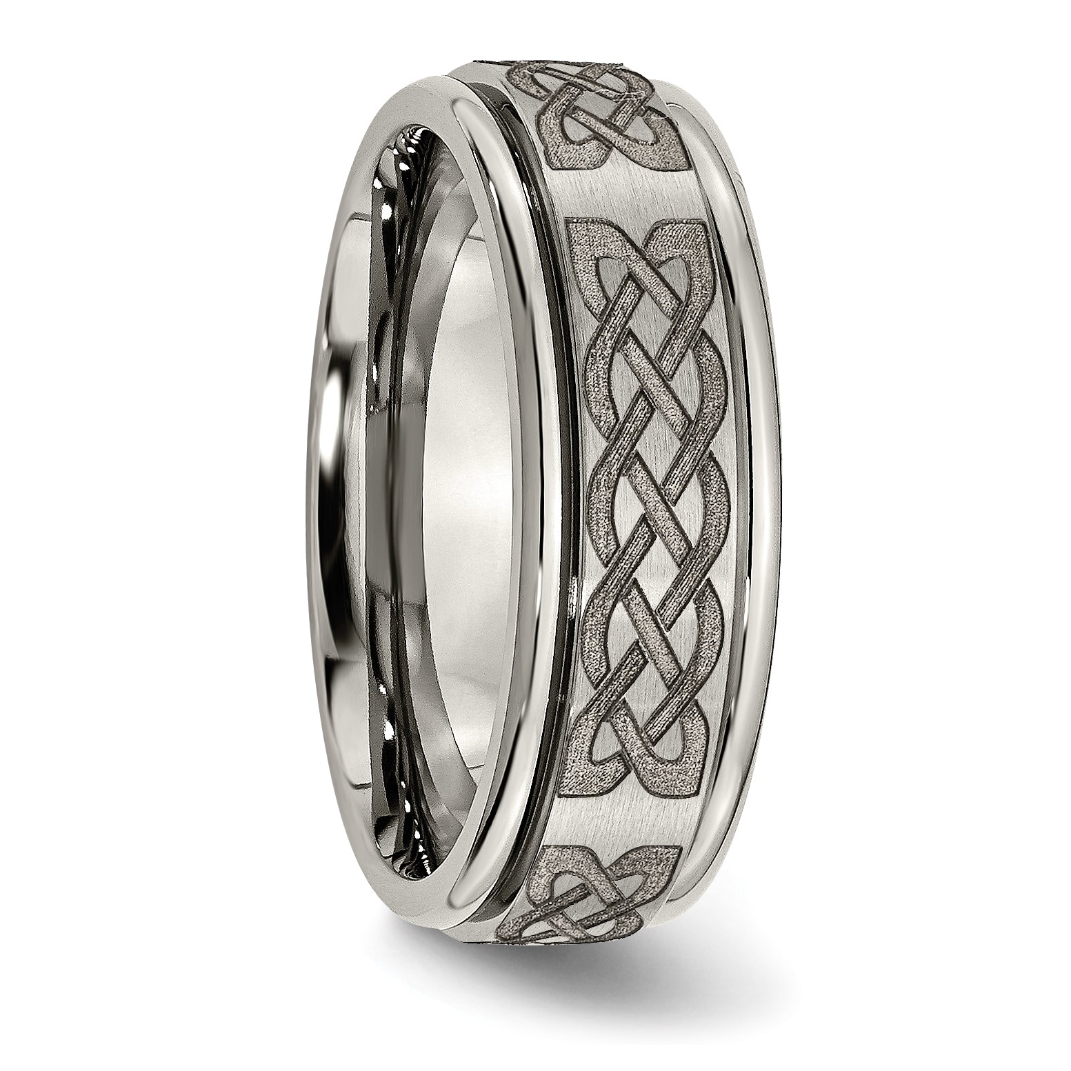 Titanium Brushed and Polished Celtic Laser Design 8mm Ridged Edge Band