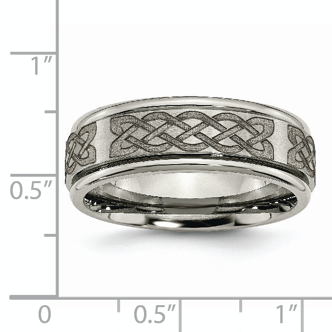 Titanium Brushed and Polished Celtic Laser Design 8mm Ridged Edge Band