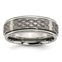 Titanium Brushed and Polished Celtic Laser Design 8mm Ridged Edge Band