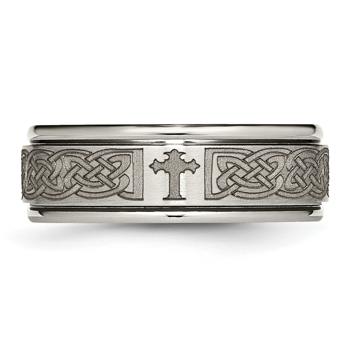 Titanium Brushed and Polished Cross Laser Design 8mm Ridged Edge Band