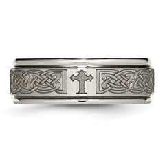 Titanium Brushed and Polished Cross Laser Design 8mm Ridged Edge Band