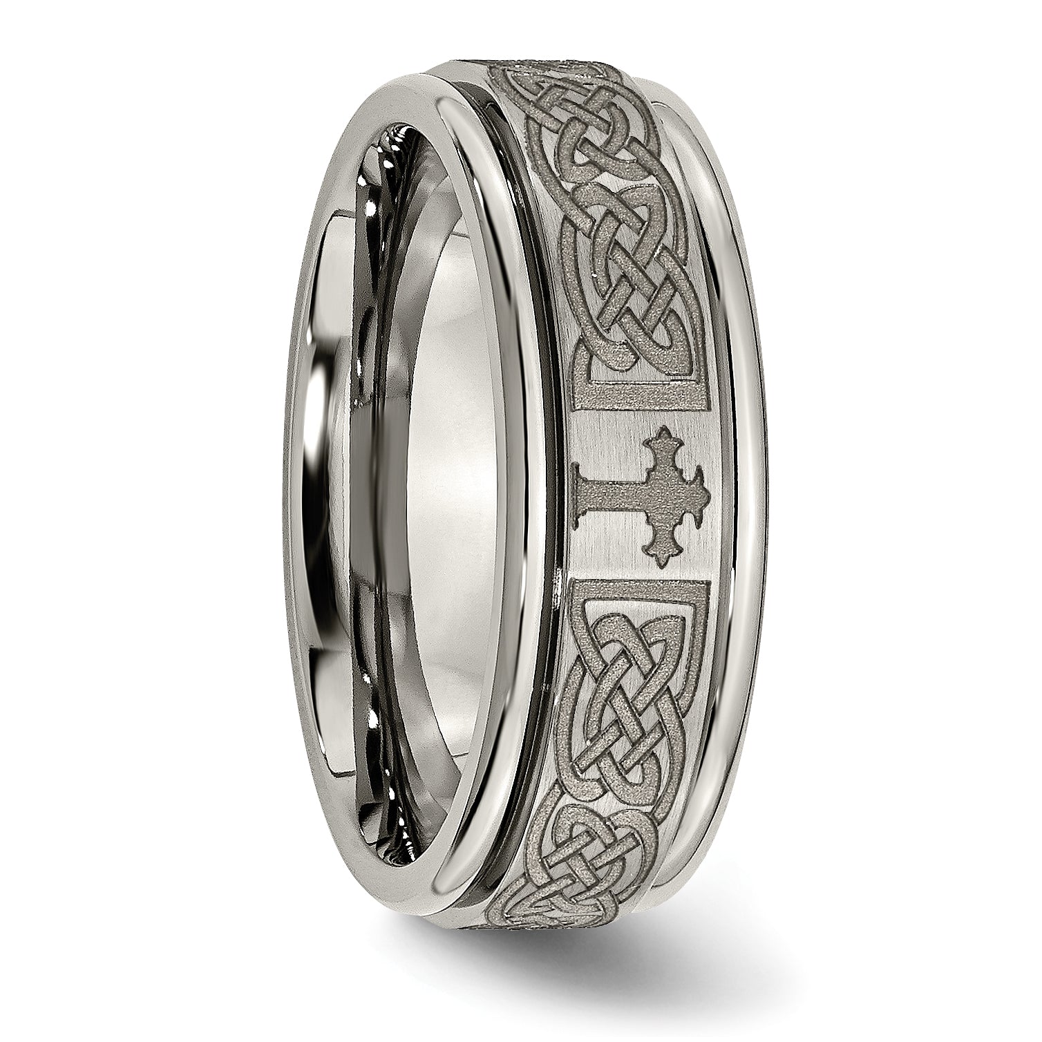 Titanium Brushed and Polished Cross Laser Design 8mm Ridged Edge Band