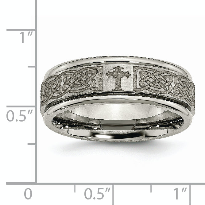 Titanium Brushed and Polished Cross Laser Design 8mm Ridged Edge Band