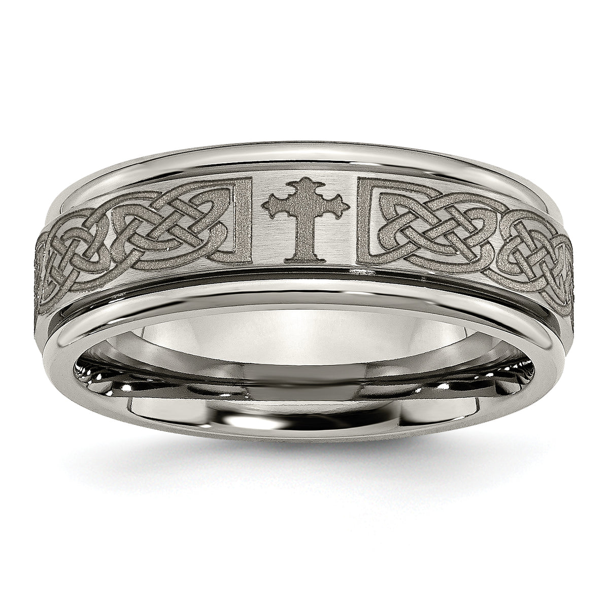 Titanium Brushed and Polished Cross Laser Design 8mm Ridged Edge Band