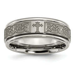 Titanium Brushed and Polished Cross Laser Design 8mm Ridged Edge Band