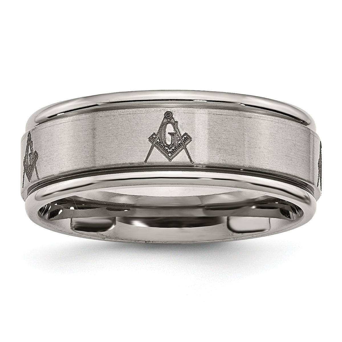 Titanium Brushed and Polished Masonic Laser Design 8mm Ridged Edge Band