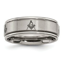 Titanium Brushed and Polished Masonic Laser Design 8mm Ridged Edge Band