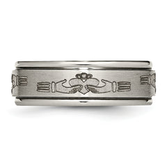 Titanium Brushed and Polished Claddagh Laser Design 8mm Ridged Edge Band