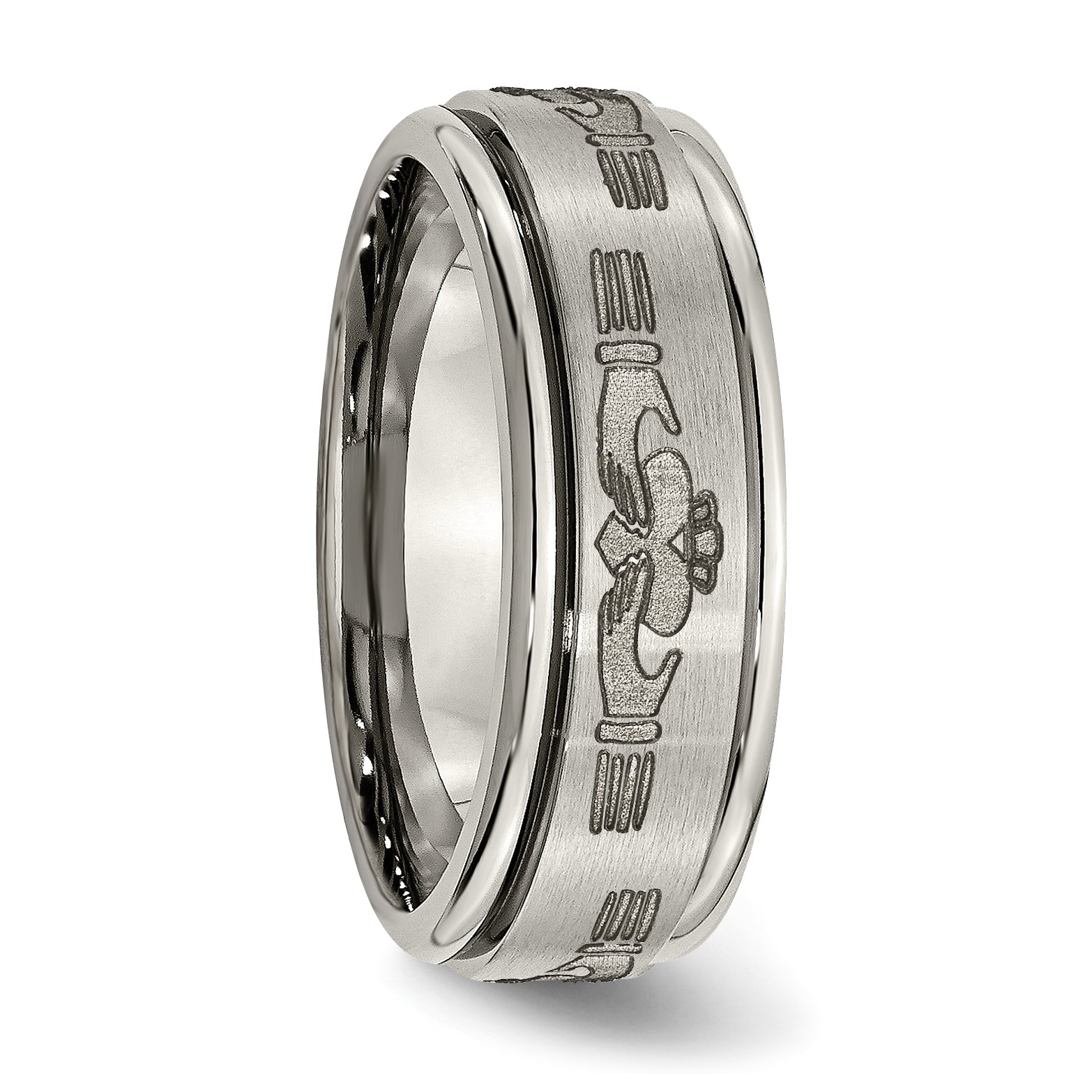 Titanium Brushed and Polished Claddagh Laser Design 8mm Ridged Edge Band