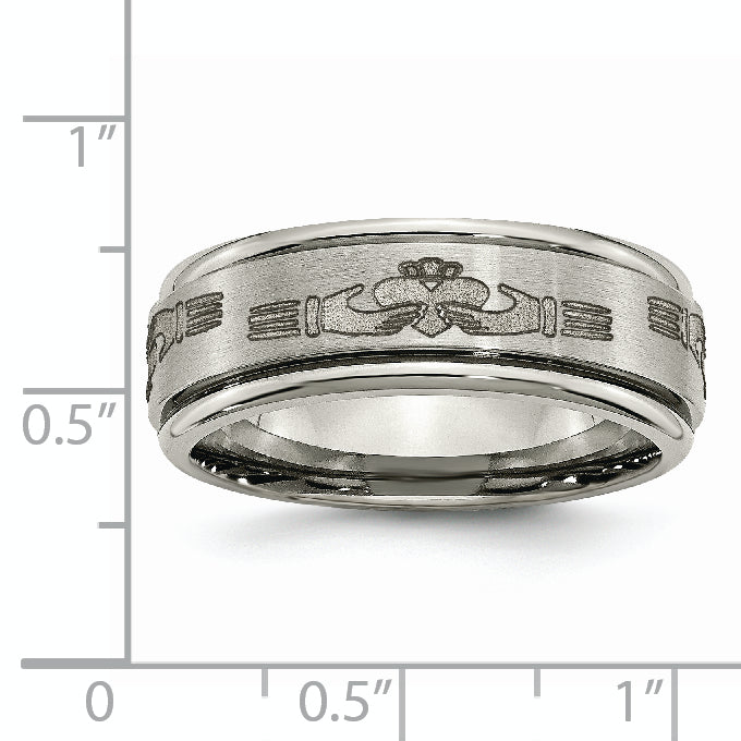 Titanium Brushed and Polished Claddagh Laser Design 8mm Ridged Edge Band