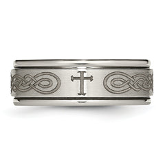 Titanium Cross Laser Unisex Wedding Band with Polished Ridged Edge