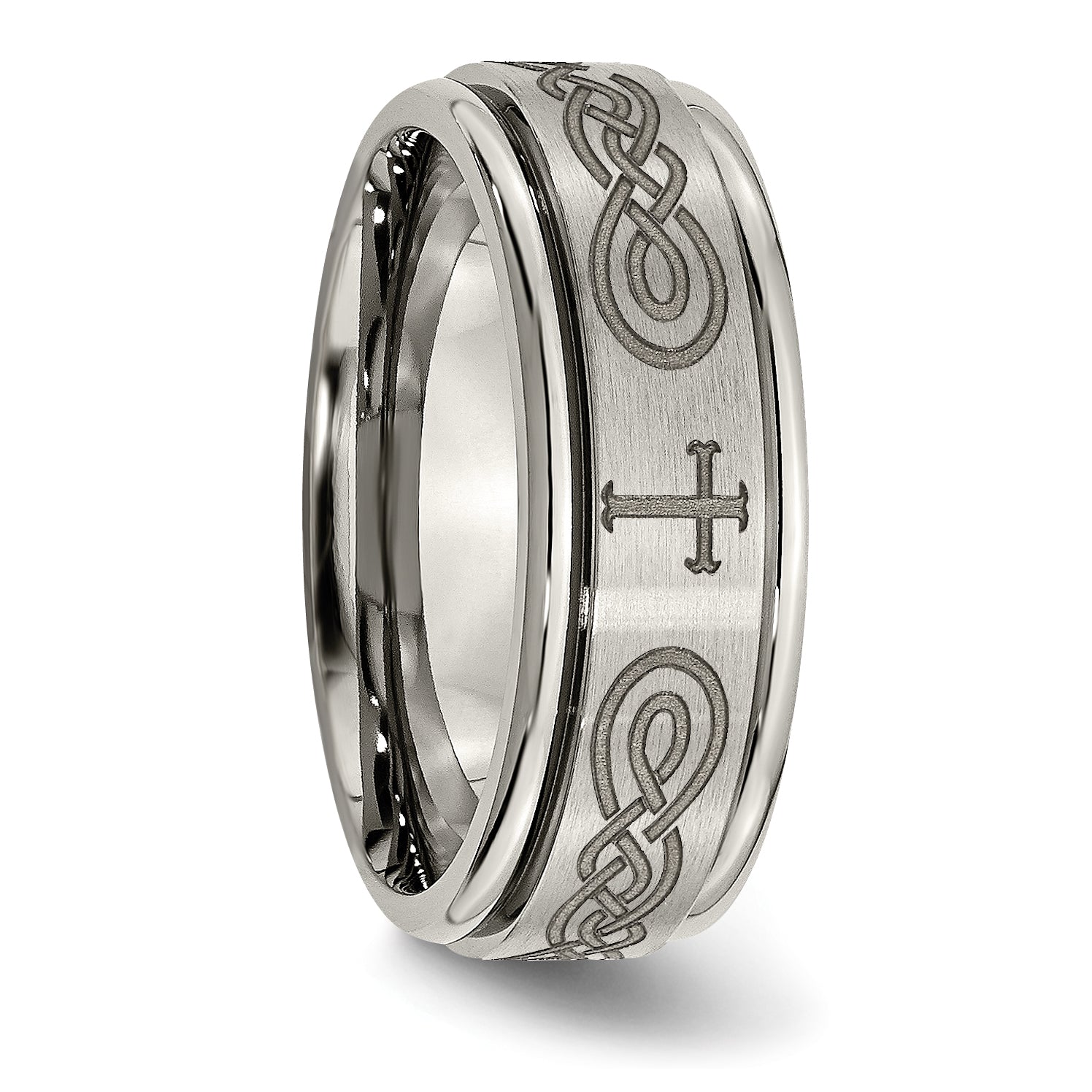 Titanium Brushed and Polished Cross Laser Design 8mm Ridged Edge Band