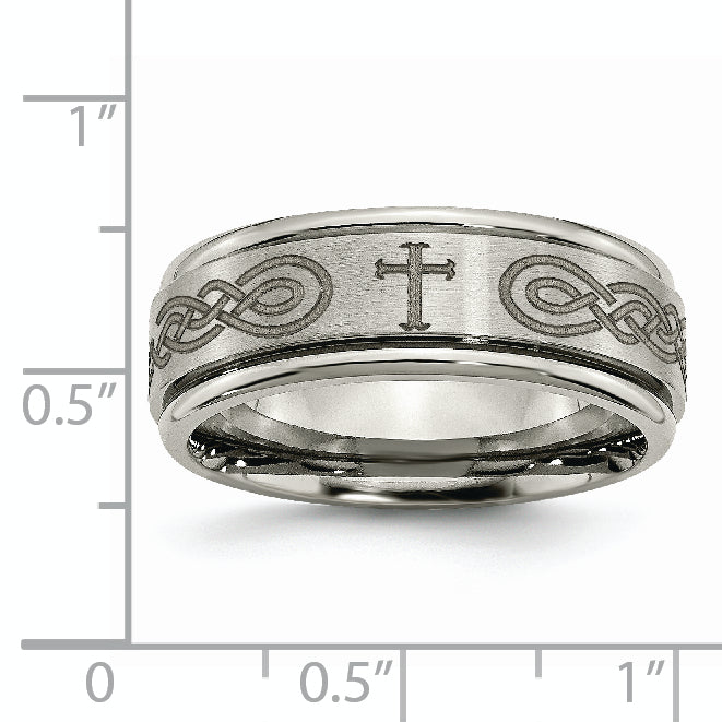 Titanium Brushed and Polished Cross Laser Design 8mm Ridged Edge Band