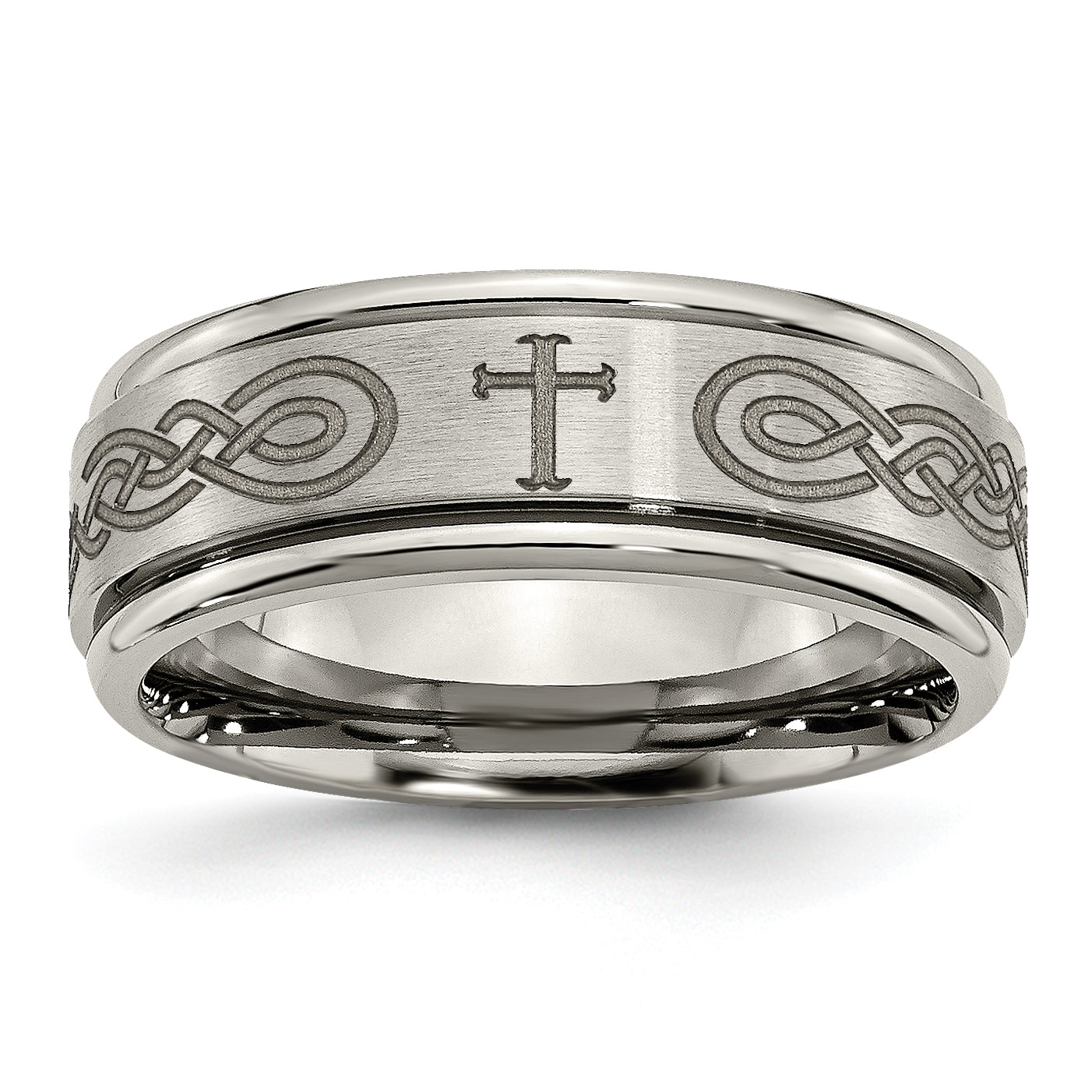 Titanium Brushed and Polished Cross Laser Design 8mm Ridged Edge Band