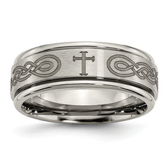 Titanium Brushed and Polished Cross Laser Design 8mm Ridged Edge Band