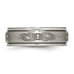 Titanium Brushed and Polished Cross Laser Design 8mm Ridged Edge Band