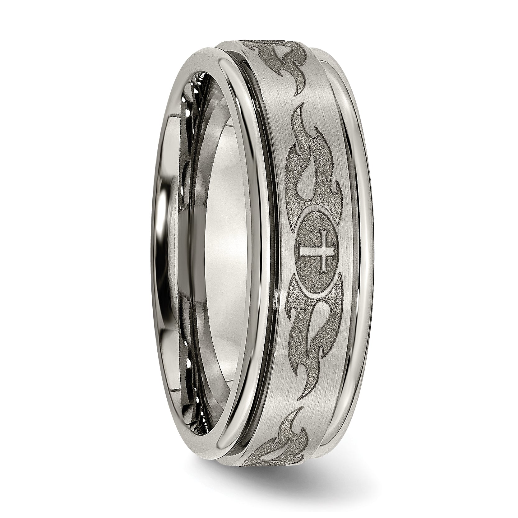 Titanium Cross Laser Design 8mm Ridged Edge Unisex Wedding Band