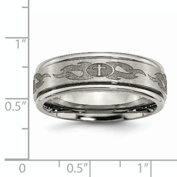 Titanium Brushed and Polished Cross Laser Design 8mm Ridged Edge Band