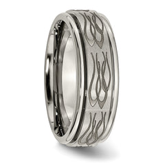 Titanium Brushed and Polished Flame Laser Design 8mm Ridged Edge Band